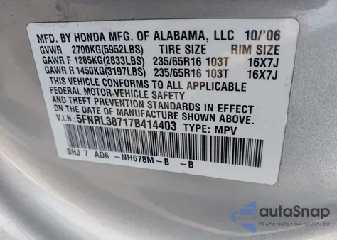 2007 Honda Odyssey Ex-L z USA, uszkodzony, nr VIN 5FNRL38717B414403